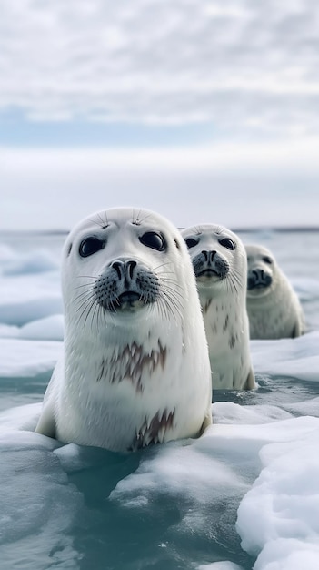 Three seals in the ice