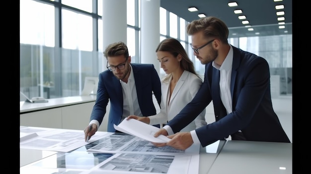 Three senior business executives discussing over graphs and charts