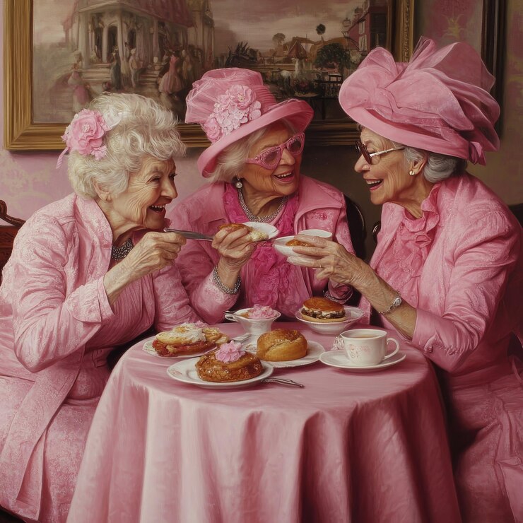 Photo three senior women having a tea party in a cafe smiling