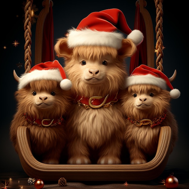 three shaggy haired animals wearing santa hats sit in a swing generative ai