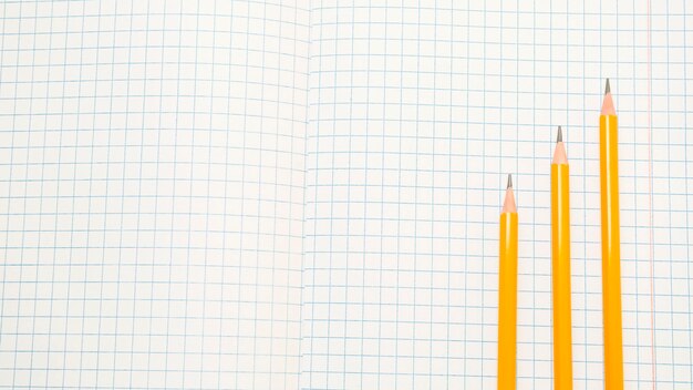 Three sharpened simple pencils lie on an open notebook