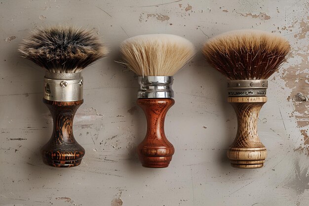 Three shaving brushes lined up on a wall with a shaving brush in the middle of the picture product