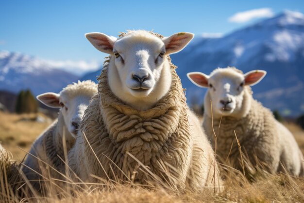 Photo three sheep in the hillside meadow wanaka ski area road south island new zealand