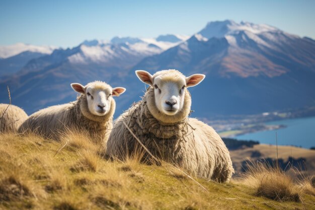 Photo three sheep in the hillside meadow wanaka ski area road south island new zealand