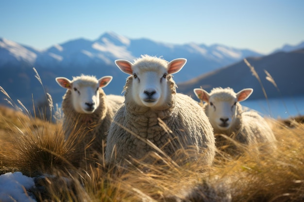 Photo three sheep in the hillside meadow wanaka ski area road south island new zealand