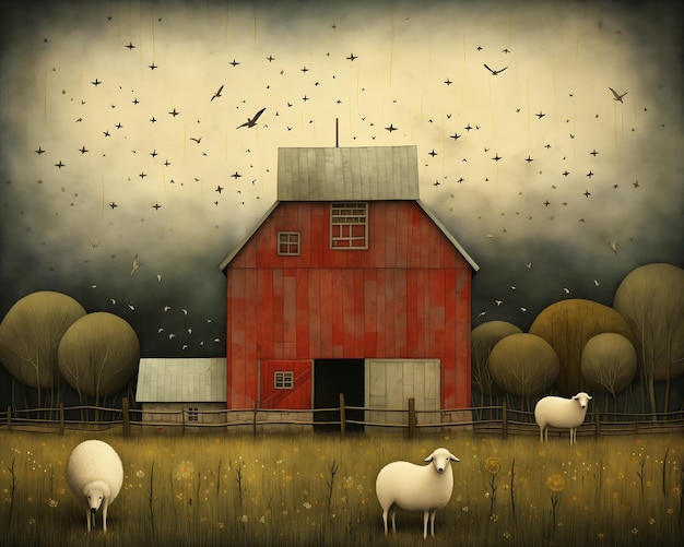 Photo three sheep standing front red barn avian color rainfall balmy illustration wisconsin silo distinct