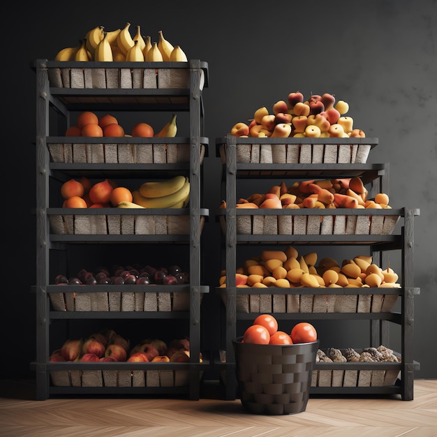 Three shelves of fruit are stacked on top of each other.