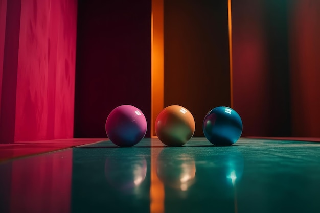 Photo three shiny balls are sitting in a row on the floor in front of a colorful wall