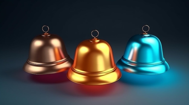 Photo three shiny bells are sitting on a blue surface generative ai