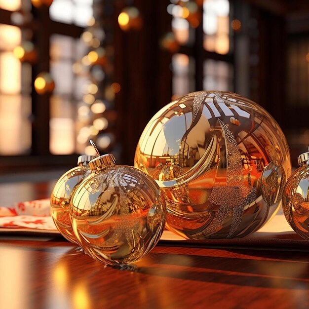 Three shiny christmas ornaments sitting on a table