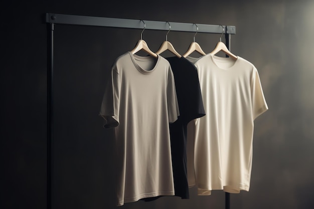 Three shirts hanging on a hanger, one of which is white and the other is black.