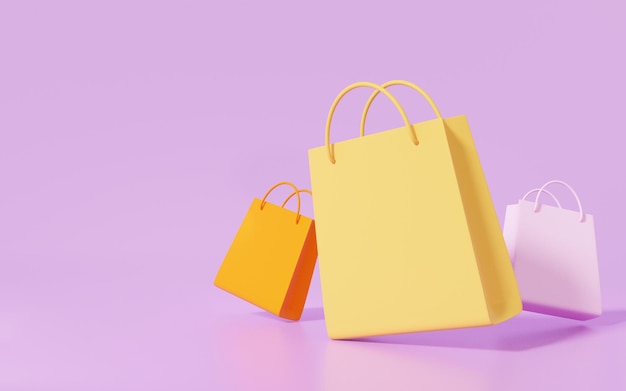 Three shopping bag floating on purple pastel background minimal discount promotion sale banner website 3d rendering illutration