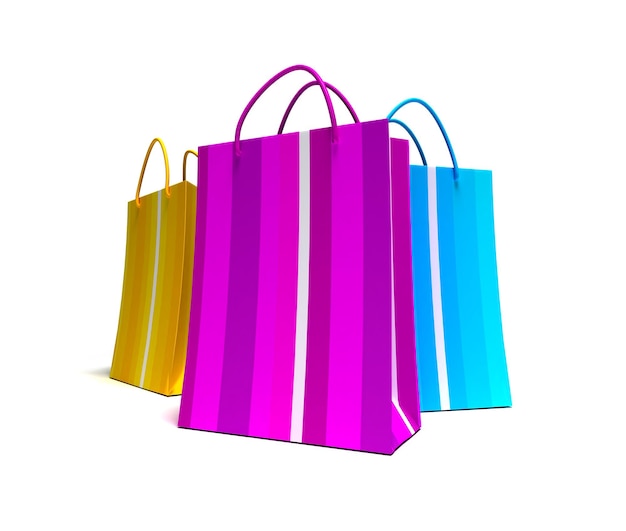 Three shopping bags in blue, pink and yellow with stripes