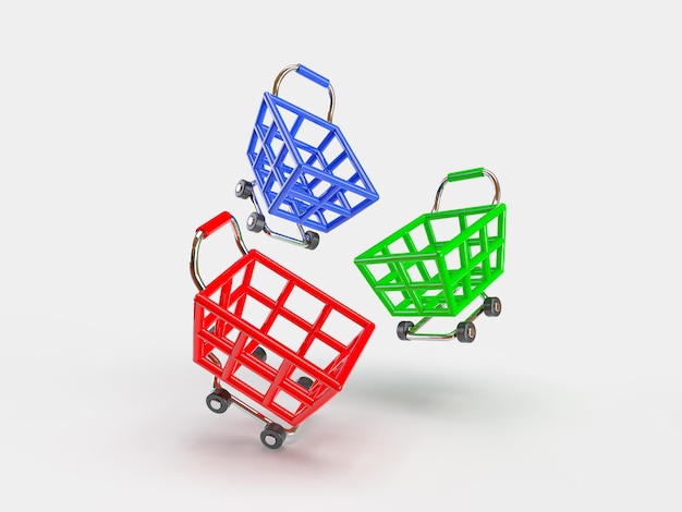 Three shopping carts, green, red and blue floating on their side