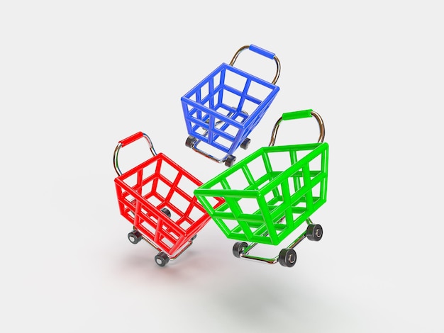 three shopping carts, green, red and blue floating