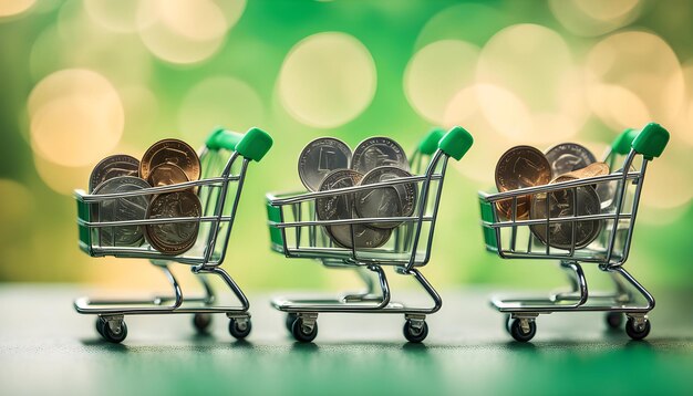 Photo three shopping carts with coins in them are lined up in a row