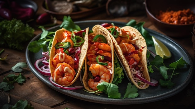 Three shrimp tacos on a plate with a side of lettuce and red onion.