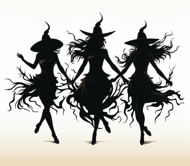 three silhouettes of witches in black dresses and hats dancing generative ai