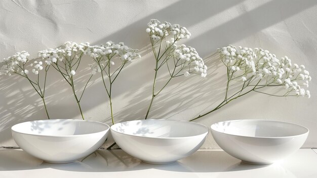 自然素材のテーブルに赤ちゃんの息の花が付いた3つの銀の鉢