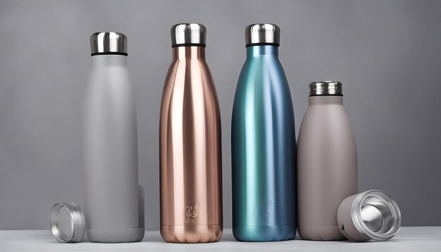 Photo three silver water bottles with silver caps and one blue bottle