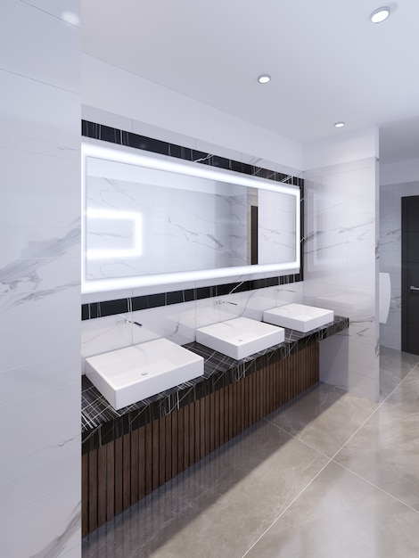 Three sinks on the marble black countertop and a large mirror in the frame. Public toilet. 3d rendering