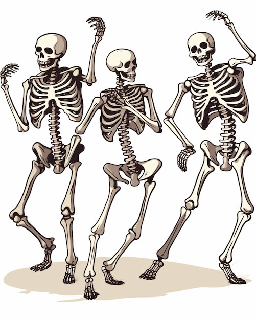 Foto three skeletons are dancing and holding hands in the air generative ai
