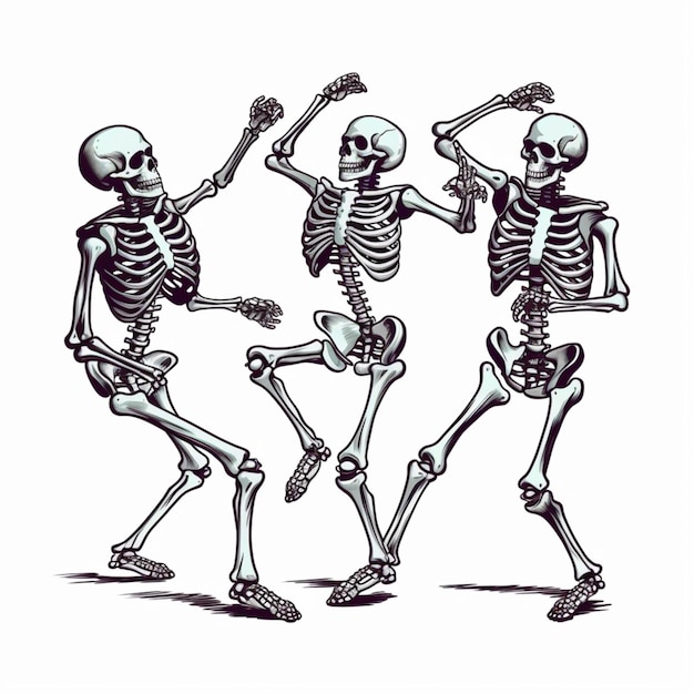 Фото Три скелета танцуют в линию, подняв руки в воздух, генерирующий искусственный интеллект