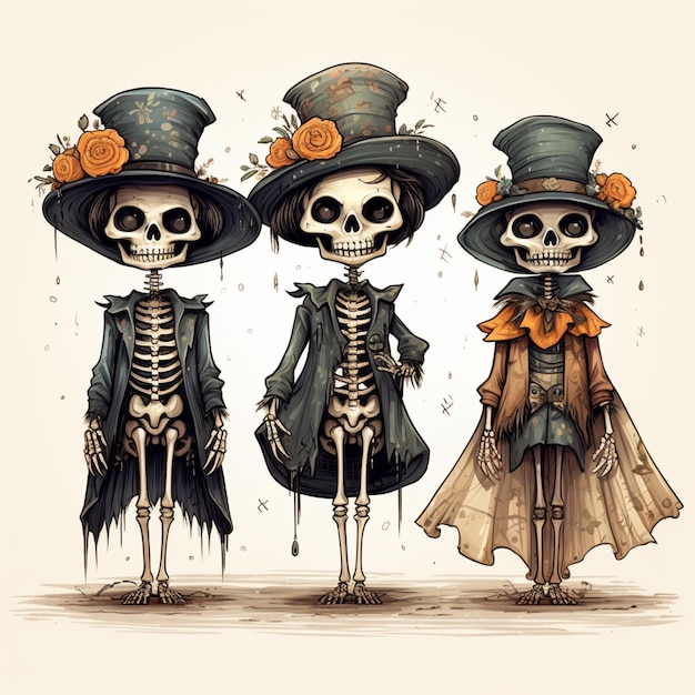 three skeletons dressed in fancy clothes and hats are standing together generative ai