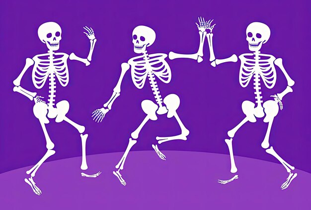 Photo three skeletons in purple dancing on the background