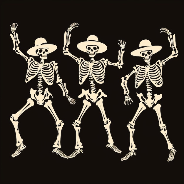 three skeletons in sombres dancing and wearing sombres generative ai