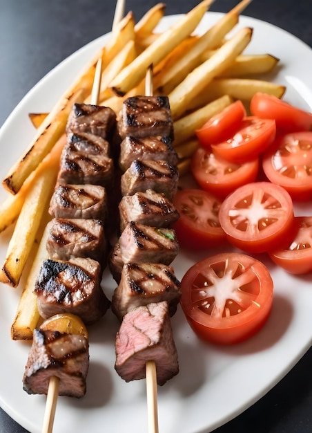 Three skewers of grilled meat on top of french fries with a side of sliced tomatoes food and drink