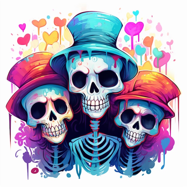 Three skulls wearing hats and holding hats with hearts generative ai