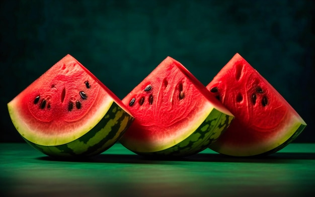 Three slices of sliced watermelon that are on top of each other