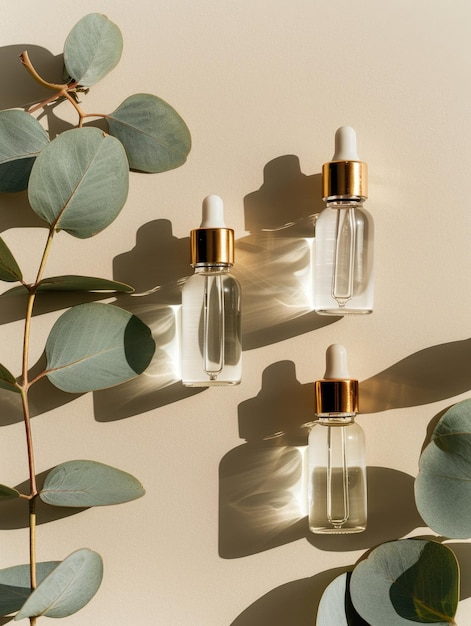 Three small bottles of perfume are lined up on a table next to a leafy green plant The bottles are clear and have gold tops and they are arranged in a way that creates a sense of balance and harmony