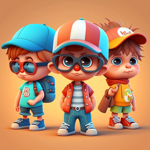 Photo three small boys on colorful background funny cartoon character school kid 3d generative ai