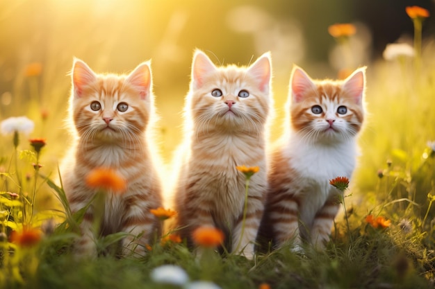 Three small cats are standing on a bright grassy meadow