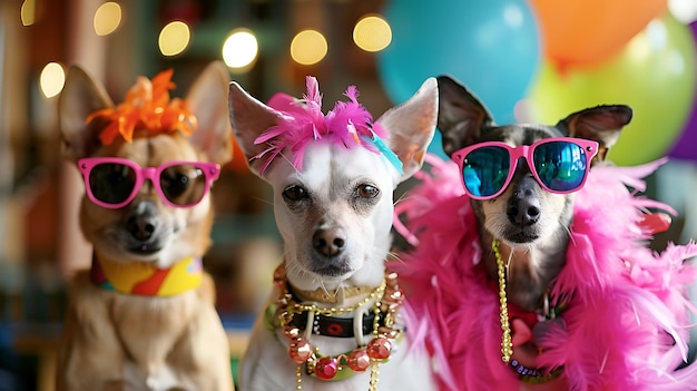 Three small dogs pose for a photo they are all wearing party hats and sunglasses the dog in the middle is wearing a pink feather boa