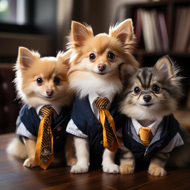 Three small dogs in suits and ties