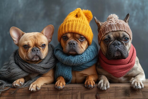 Three small dogs wearing scarves