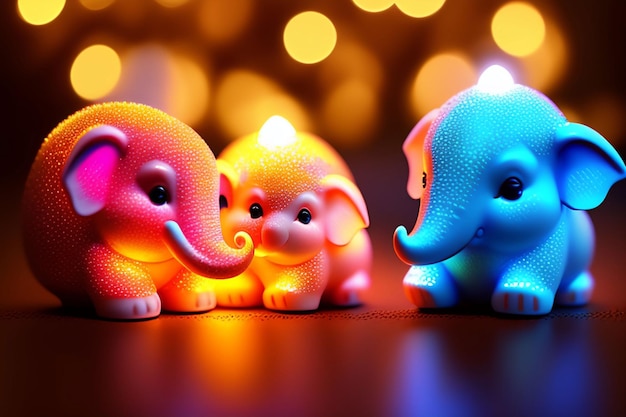 Three small elephants are on a table with lights in the background.