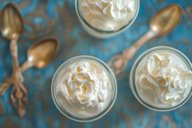 Photo three small jars of whipped cream with spoons on a blue tablecloth with a blue background and gold