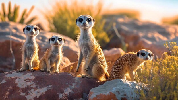 Foto tre piccoli suricati sono seduti su una roccia nel deserto