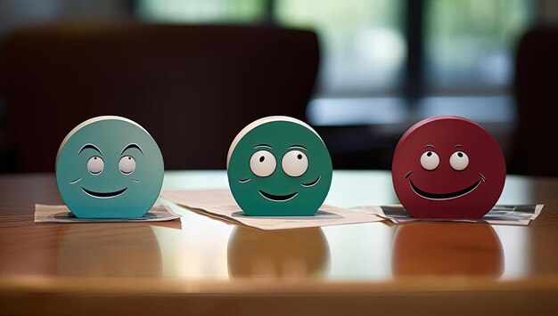 Фото Три небольших бумажных эмоциональных символа, сидящих на столе в стиле эмоциональной чувствительности