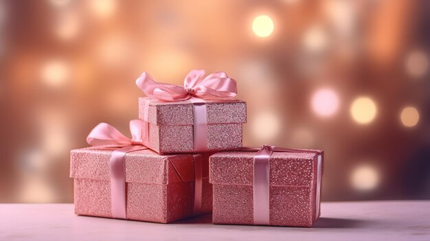 three small pink gift boxes with a pink ribbon on top.