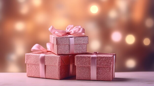 Photo three small pink gift boxes with a pink ribbon on top.