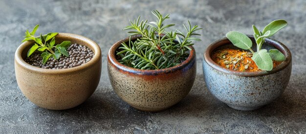 Photo three small pots with plants on table