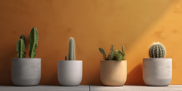 밝은 색상의 벽 앞에 콘크리트에 세 개의 작은 화분에 심은 선인장 식물