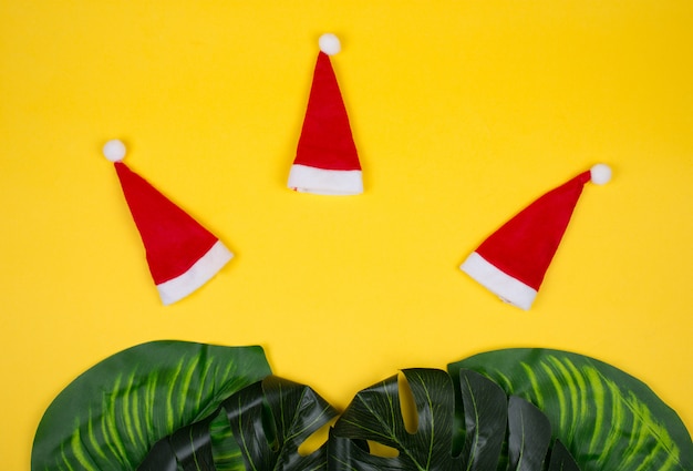 Photo three small santa hats and tropical leaves