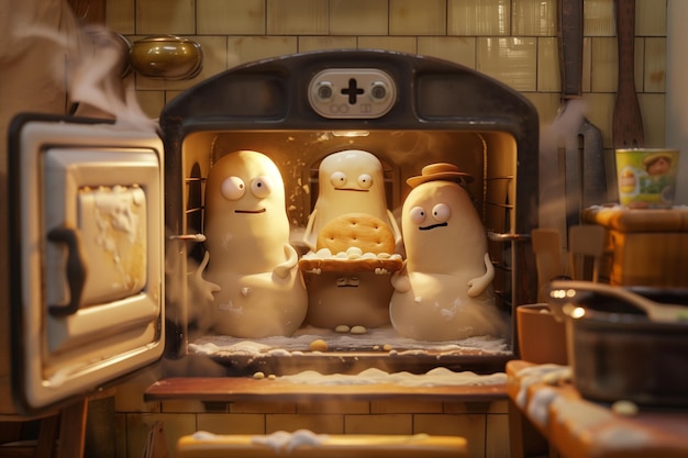 Три маленьких улыбающихся мультфильма сидят на столе рядом с печью для пиццы