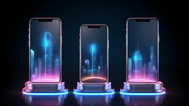 Три смартфона с светящейся голограммой на темном фоне Генеративные ИИ иллюстрации